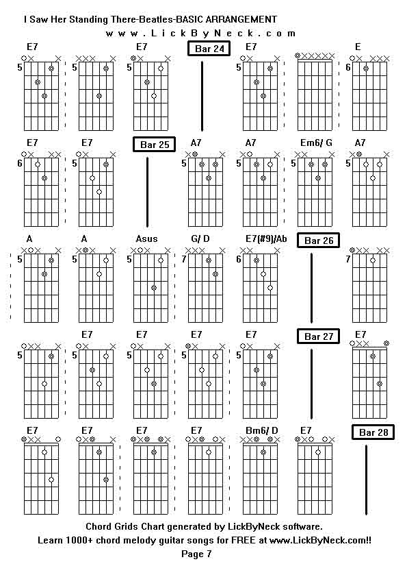 Chord Grids Chart of chord melody fingerstyle guitar song-I Saw Her Standing There-Beatles-BASIC ARRANGEMENT,generated by LickByNeck software.